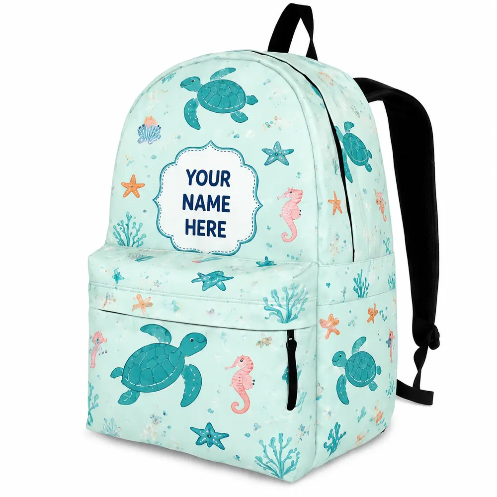 Personalized Back To School Backpack With Name For Kids, Custom Sea Turtle Seahorse Under The Sea Bookbag, Ocean Bag For Elementary Girls Boys