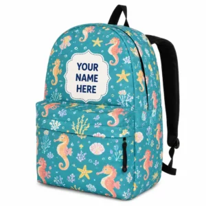Personalized Back To School Backpack With Name For Kids, Custom Seahorse Under The Sea Girls Bookbag, Ocean School Bag For Elementary Girls