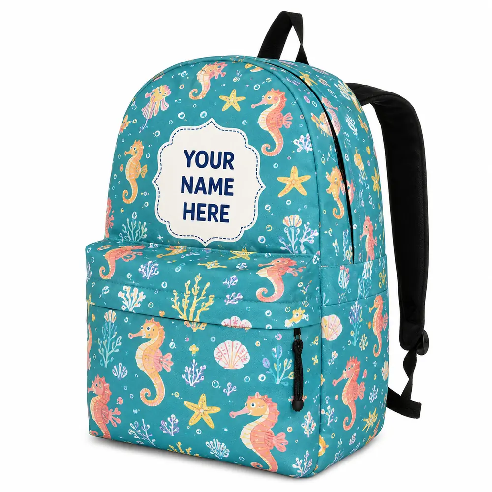 Personalized Back To School Backpack With Name For Kids, Custom Seahorse Under The Sea Girls Bookbag, Ocean School Bag For Elementary Girls