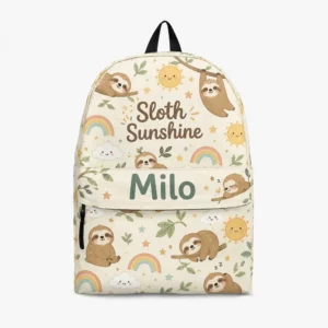 Personalized Back To School Backpack With Name For Kids, Custom Sloth Sunshine Bookbag, Cute Sloth Animal Cream Beige School Bag For Elementary