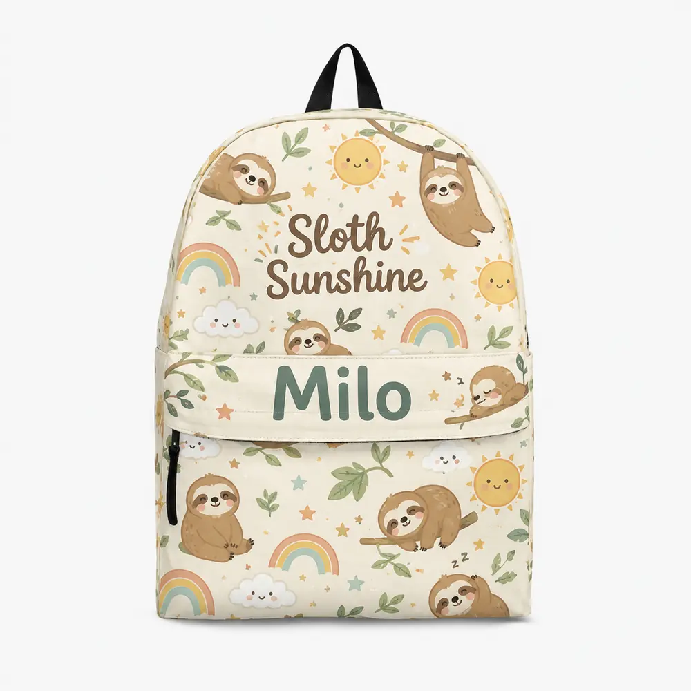 Personalized Back To School Backpack With Name For Kids, Custom Sloth Sunshine Bookbag, Cute Sloth Animal Cream Beige School Bag For Elementary