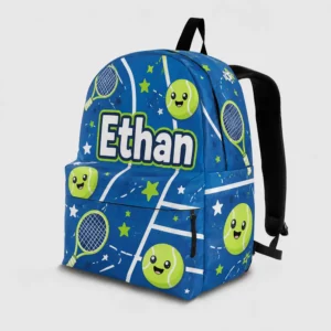 Personalized Back To School Backpack With Name For Kids, Custom Tennis Boys Bookbag, Cute Racket Smiling Ball Blue Bag For Elementary Boys Girls