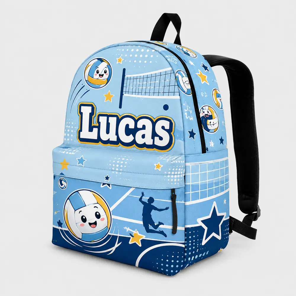 Personalized Back To School Backpack With Name For Kids, Custom Volleyball Boys Bookbag, Cute Net Player Smiling Ball Blue Bag For Elementary Boys