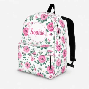 Personalized Back To School Backpack With Name For Kids, Custom Watercolor Pink Rose Girls Bookbag, Bag For Elementary Girls