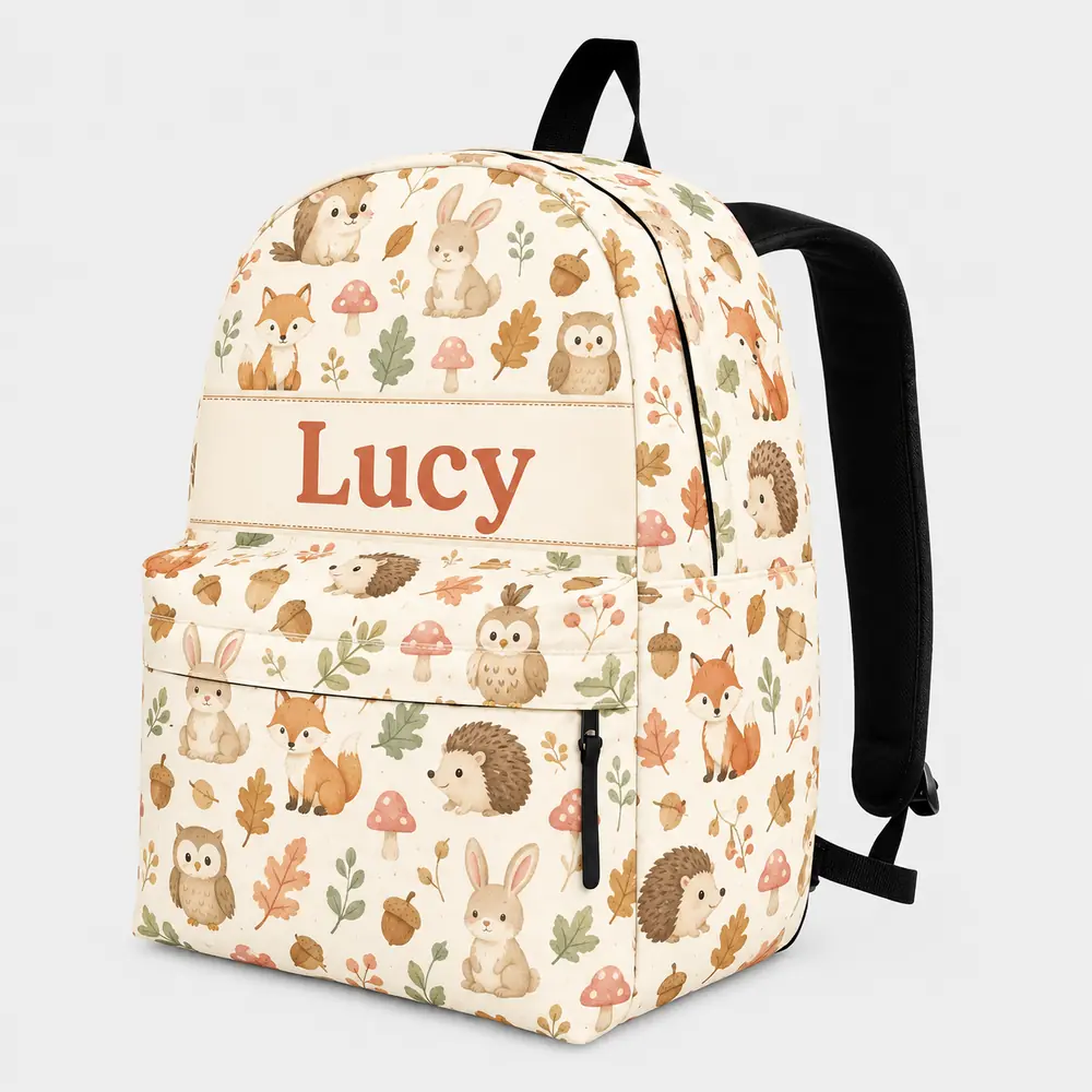 Personalized Back To School Backpack With Name For Kids, Custom Woodland Animals Kids Bookbag, Cute Bag For Elementary School
