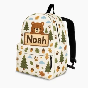Personalized Back To School Backpack With Name For Kids, Custom Woodland Bear Boys Girls Bookbag, Nature Theme School Bag For Elementary Students