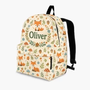 Personalized Back To School Backpack With Name For Kids, Custom Woodland Fox Boys Girls Bookbag, Nature Theme School Bag For Elementary Students