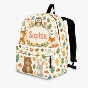 Personalized Back To School Backpack With Name For Kids, Custom Woodland Friends Boys Girls Bookbag, Nature Theme School Bag For Elementary Students