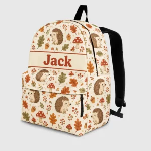 Personalized Back To School Backpack With Name For Kids, Custom Woodland Hedgehog Boys Girls Bookbag, School Bag For Elementary Students