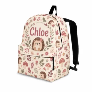 Personalized Back To School Backpack With Name For Kids, Custom Woodland Hedgehog Girls Bookbag, Nature Theme School Bag For Elementary Students