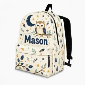 Personalized Back To School Backpack With Name For Kids, Custom Woodland Owl Boys Girls Bookbag, Night Sky School Bag For Elementary Students