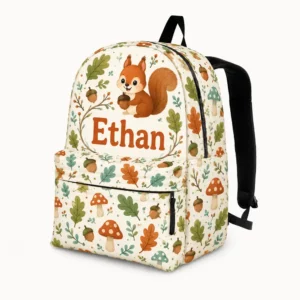 Personalized Back To School Backpack With Name For Kids, Custom Woodland Squirrel Boys Girls Bookbag, Autumn Nature School Bag For Elementary Students