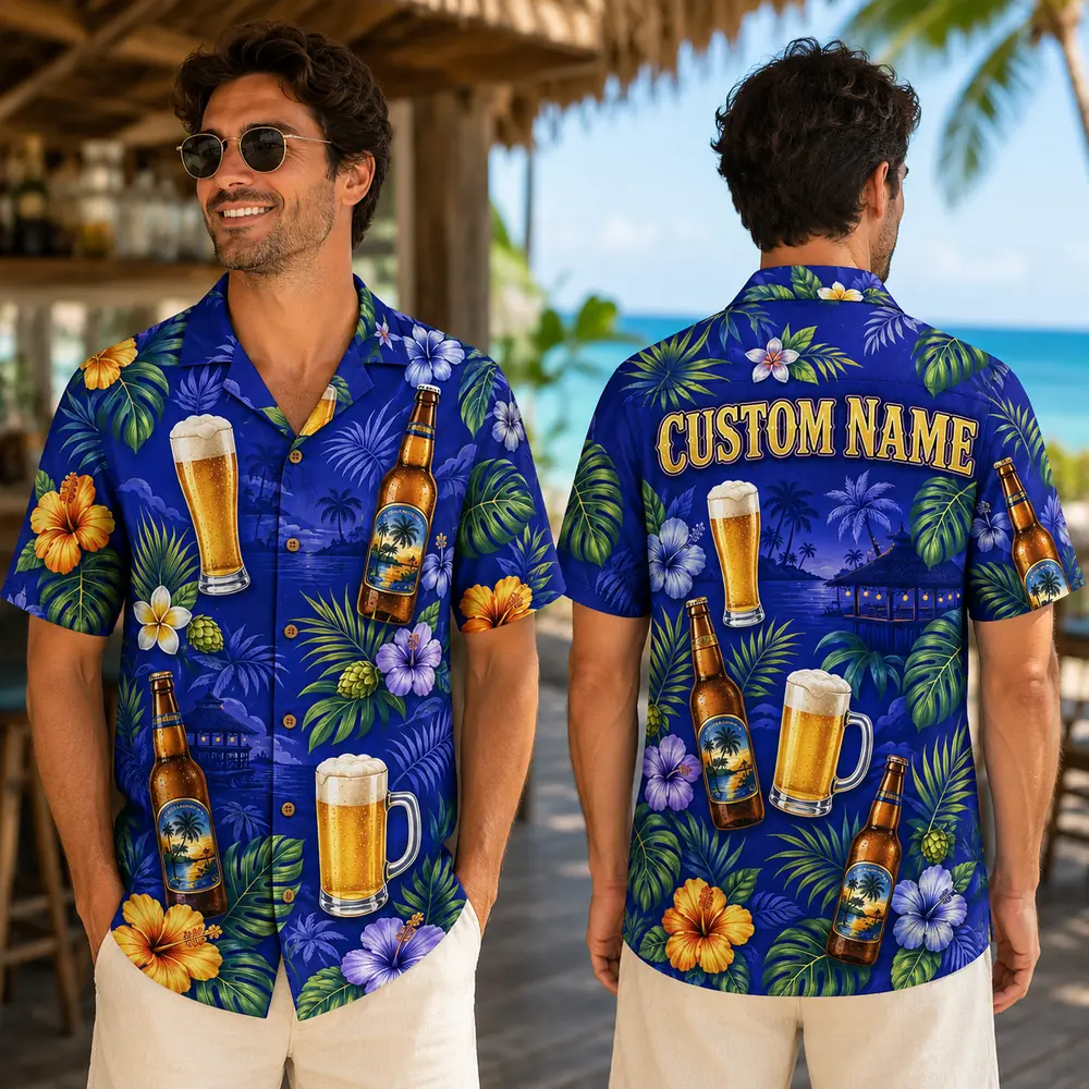 Personalized Beer Mug Tropical Hawaiian Shirt For Men And Women, Short Sleeve Fun Party Beverage Print, Custom Name Summer Button Down - View 1