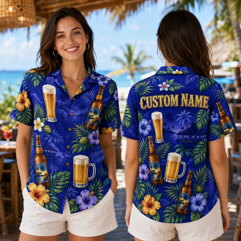 Personalized Beer Mug Tropical Hawaiian Shirt For Men And Women, Short Sleeve Fun Party Beverage Print, Custom Name Summer Button Down - View 2