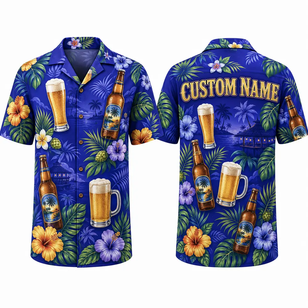 Personalized Beer Mug Tropical Hawaiian Shirt For Men And Women, Short Sleeve Fun Party Beverage Print, Custom Name Summer Button Down