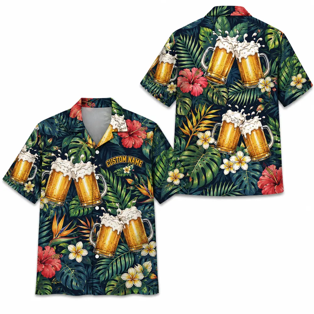 Personalized Beer Mug Tropical Summer Beach Aloha Hawaiian Shirt For Men And Women, Short Sleeve Party Drinking Vacation, Custom Name Button Down - Style 1