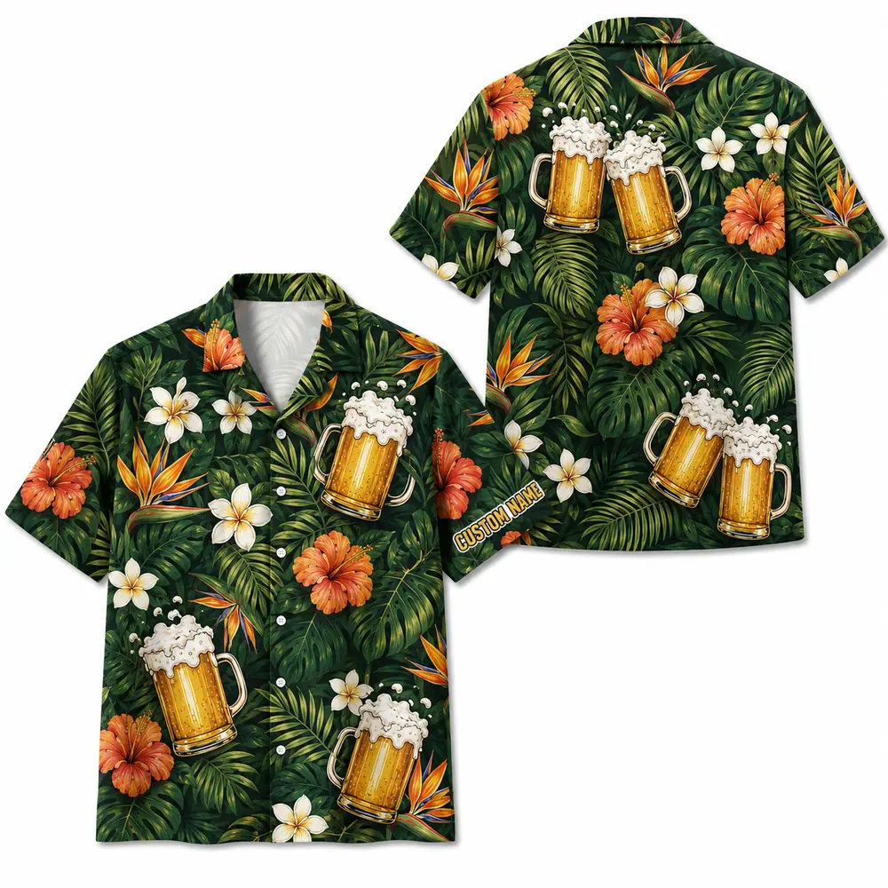Personalized Beer Mug Tropical Summer Beach Aloha Hawaiian Shirt For Men And Women, Short Sleeve Party Drinking Vacation, Custom Name Button Down - Style 10