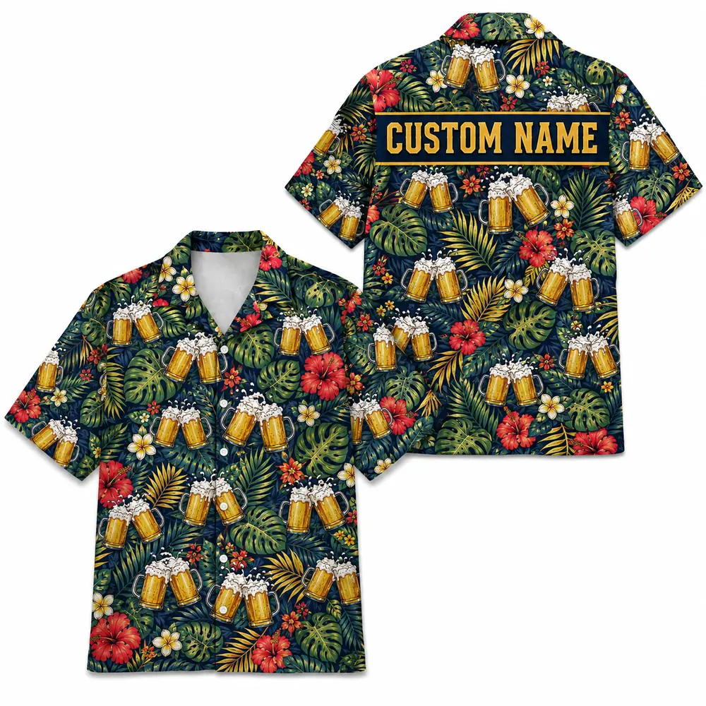 Personalized Beer Mug Tropical Summer Beach Aloha Hawaiian Shirt For Men And Women, Short Sleeve Party Drinking Vacation, Custom Name Button Down - Style 2