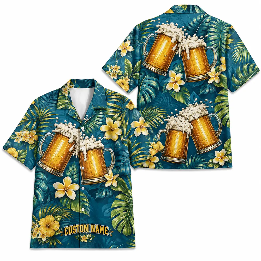 Personalized Beer Mug Tropical Summer Beach Aloha Hawaiian Shirt For Men And Women, Short Sleeve Party Drinking Vacation, Custom Name Button Down - Style 3