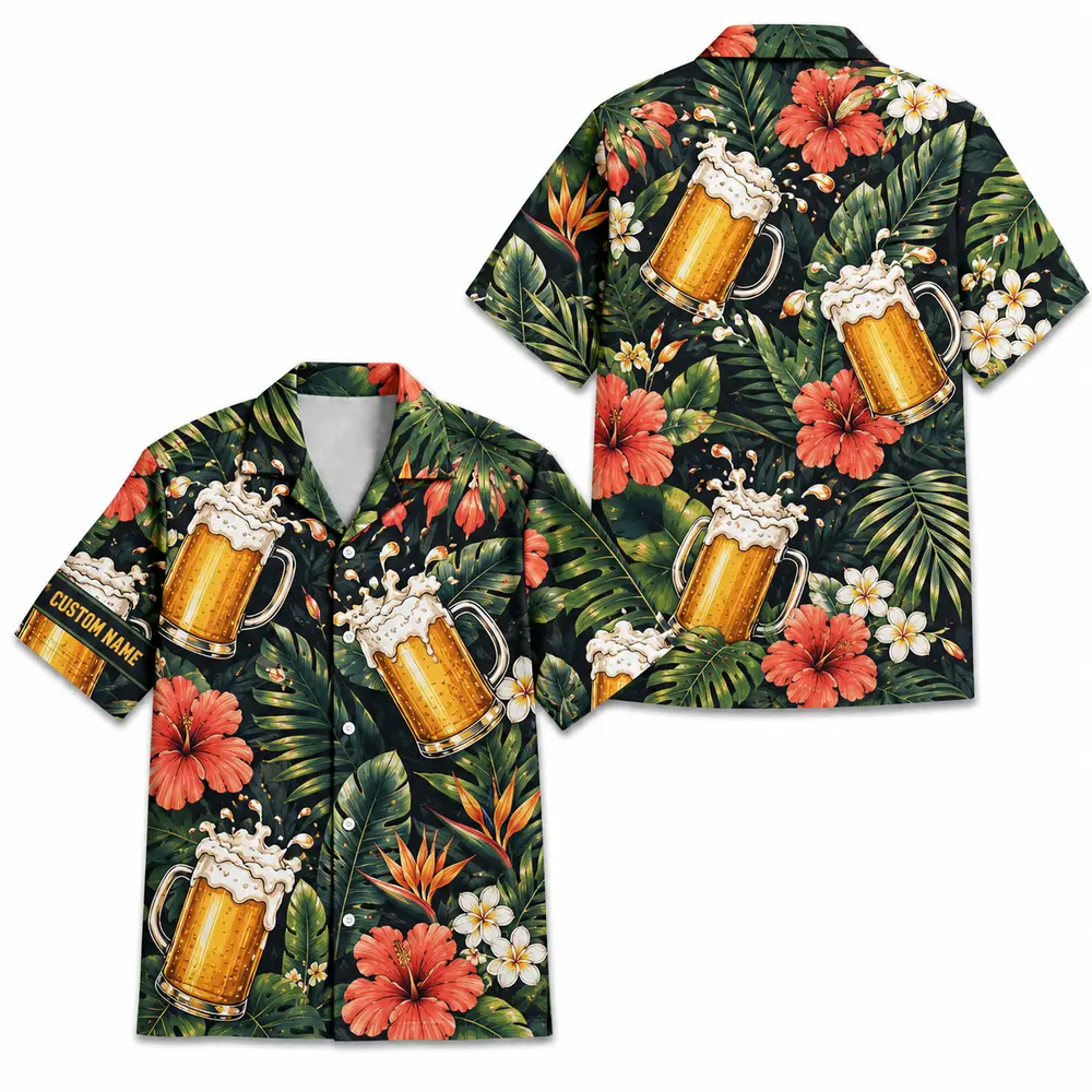 Personalized Beer Mug Tropical Summer Beach Aloha Hawaiian Shirt For Men And Women, Short Sleeve Party Drinking Vacation, Custom Name Button Down - Style 4
