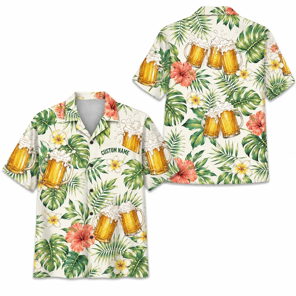 Personalized Beer Mug Tropical Summer Beach Aloha Hawaiian Shirt For Men And Women, Short Sleeve Party Drinking Vacation, Custom Name Button Down - Style 5