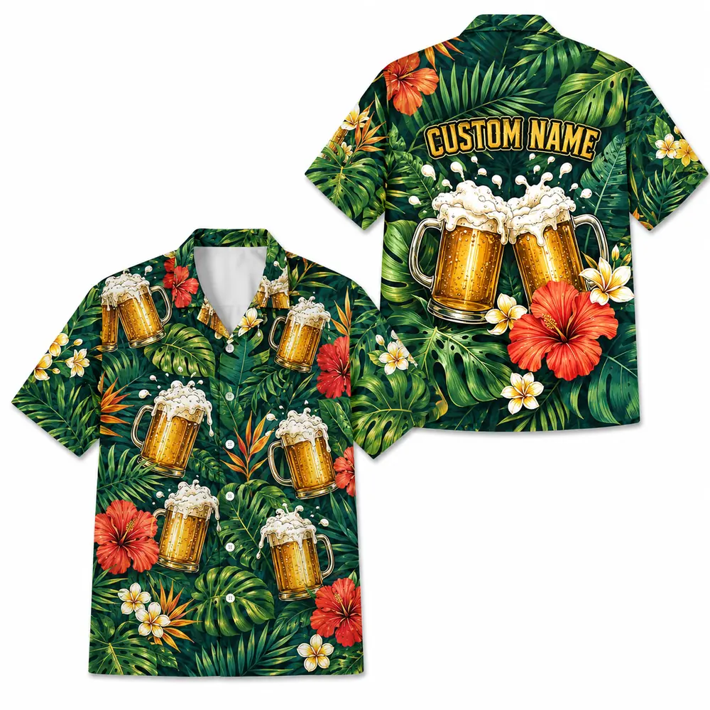 Personalized Beer Mug Tropical Summer Beach Aloha Hawaiian Shirt For Men And Women, Short Sleeve Party Drinking Vacation, Custom Name Button Down - Style 6