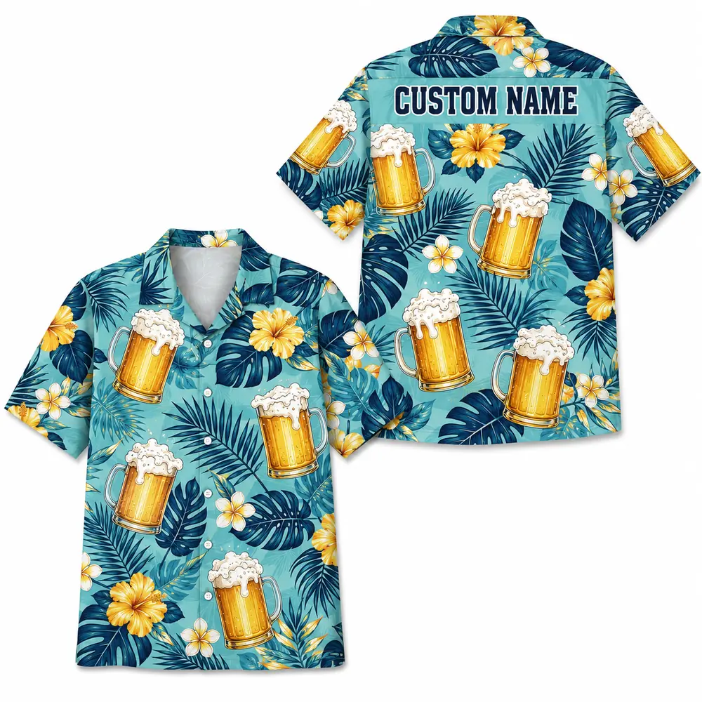Personalized Beer Mug Tropical Summer Beach Aloha Hawaiian Shirt For Men And Women, Short Sleeve Party Drinking Vacation, Custom Name Button Down - Style 7