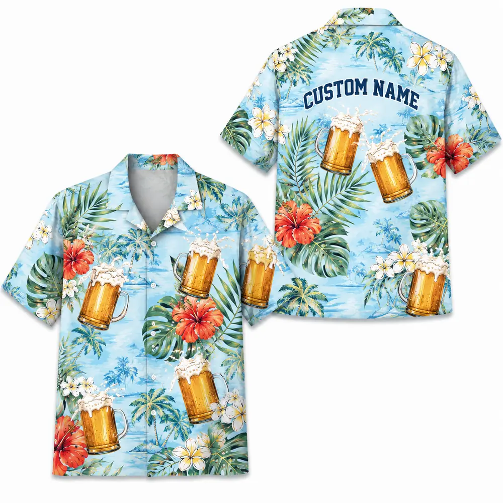 Personalized Beer Mug Tropical Summer Beach Aloha Hawaiian Shirt For Men And Women, Short Sleeve Party Drinking Vacation, Custom Name Button Down - Style 8