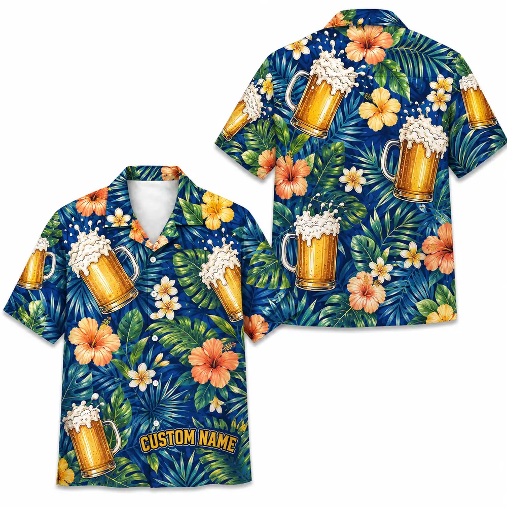 Personalized Beer Mug Tropical Summer Beach Aloha Hawaiian Shirt For Men And Women, Short Sleeve Party Drinking Vacation, Custom Name Button Down - Style 9