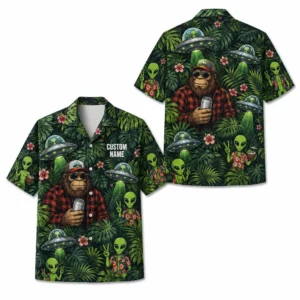 Personalized Bigfoot Alien Tropical Forest Hawaiian Shirt For Men And Women, Short Sleeve Funny Sci-Fi Nature, Custom Name Summer Button Down - Style 1