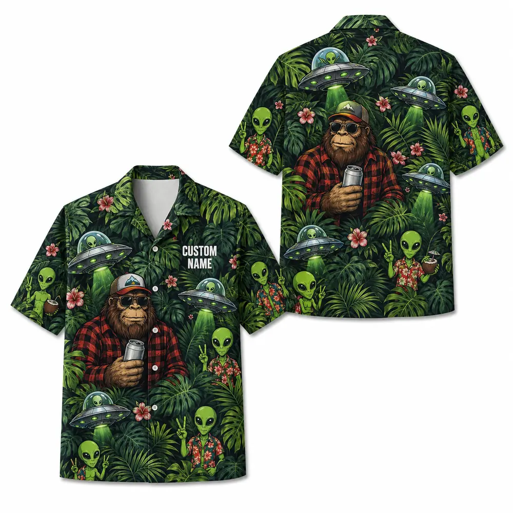 Personalized Bigfoot Alien Tropical Forest Hawaiian Shirt For Men And Women, Short Sleeve Funny Sci-Fi Nature, Custom Name Summer Button Down - Style 1