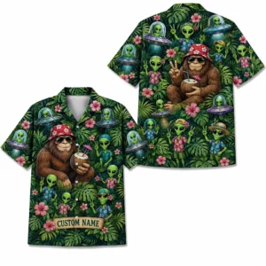 Personalized Bigfoot Alien Tropical Forest Hawaiian Shirt For Men And Women, Short Sleeve Funny Sci-Fi Nature, Custom Name Summer Button Down - Style 2