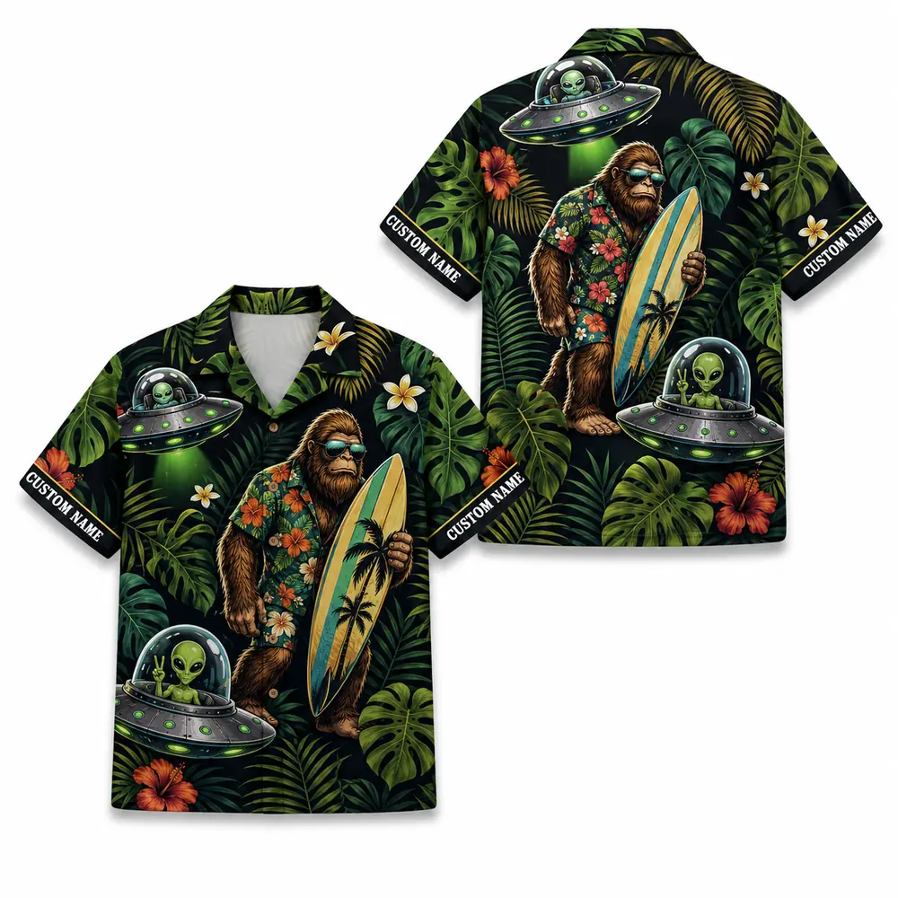 Personalized Bigfoot Alien Tropical Forest Hawaiian Shirt For Men And Women, Short Sleeve Funny Sci-Fi Nature, Custom Name Summer Button Down - Style 3