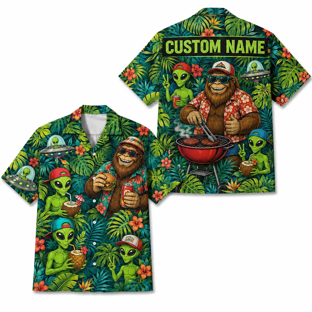 Personalized Bigfoot Alien Tropical Forest Hawaiian Shirt For Men And Women, Short Sleeve Funny Sci-Fi Nature, Custom Name Summer Button Down - Style 4