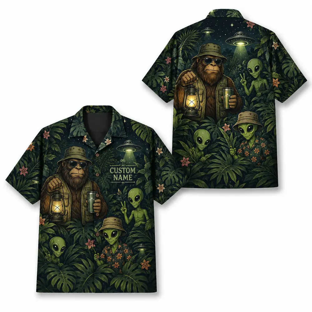 Personalized Bigfoot Alien Tropical Forest Hawaiian Shirt For Men And Women, Short Sleeve Funny Sci-Fi Nature, Custom Name Summer Button Down - Style 5