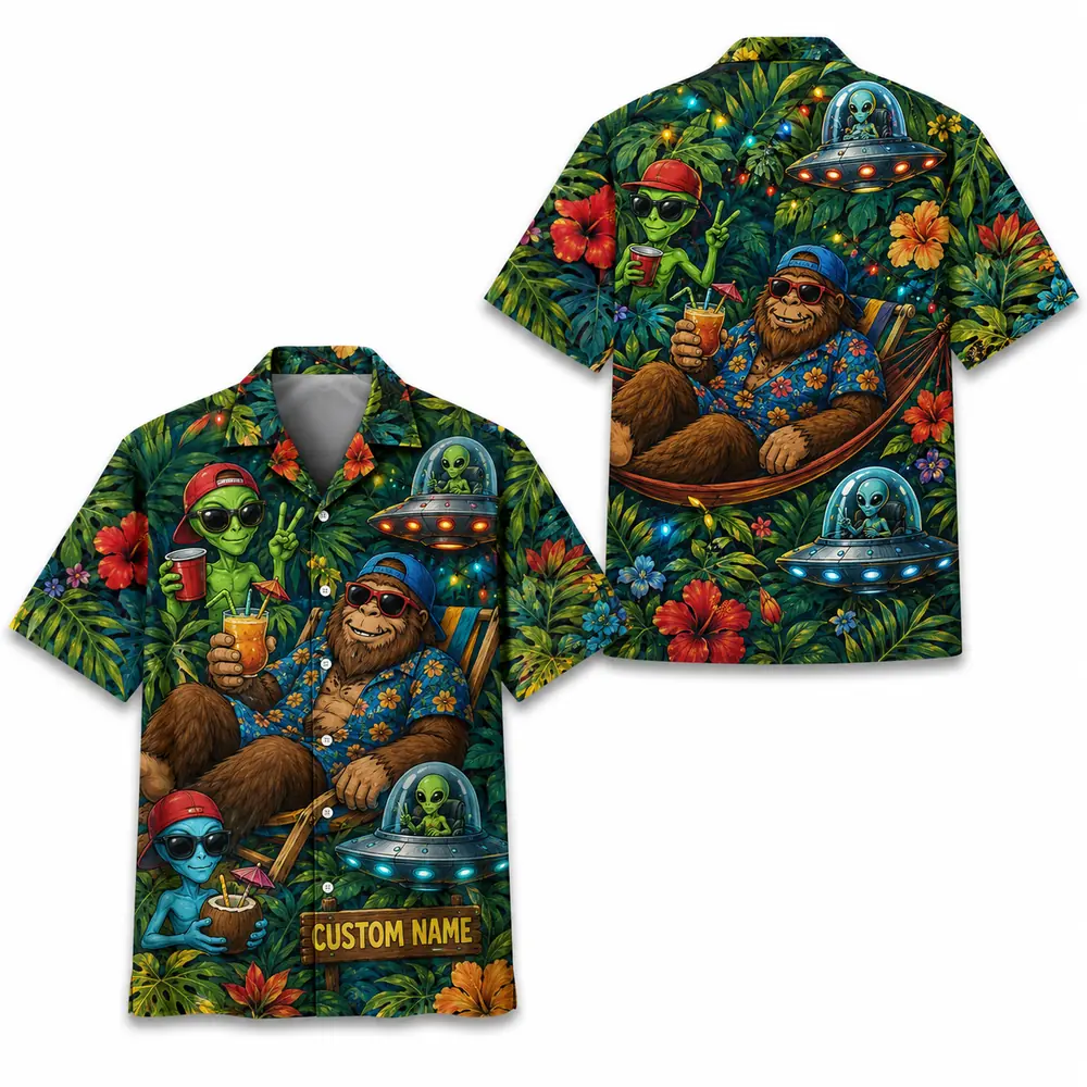 Personalized Bigfoot Alien Tropical Forest Hawaiian Shirt For Men And Women, Short Sleeve Funny Sci-Fi Nature, Custom Name Summer Button Down - Style 6