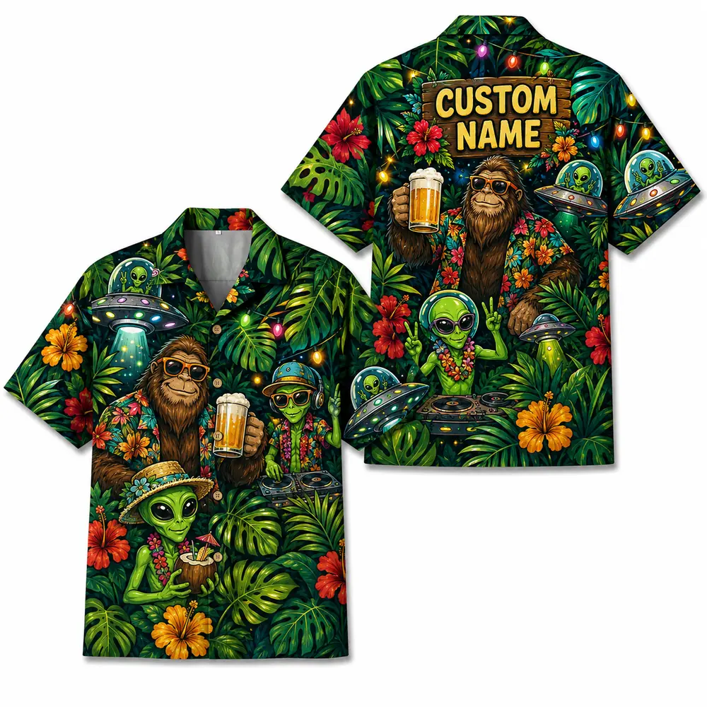 Personalized Bigfoot Alien Tropical Forest Hawaiian Shirt For Men And Women, Short Sleeve Funny Sci-Fi Nature, Custom Name Summer Button Down - Style 7