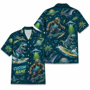 Personalized Bigfoot And Dinosaur Space Hawaiian Shirt For Men And Women, Short Sleeve Funny Sci-Fi Galaxy Mashup, Custom Name Summer Button Down - Style 1