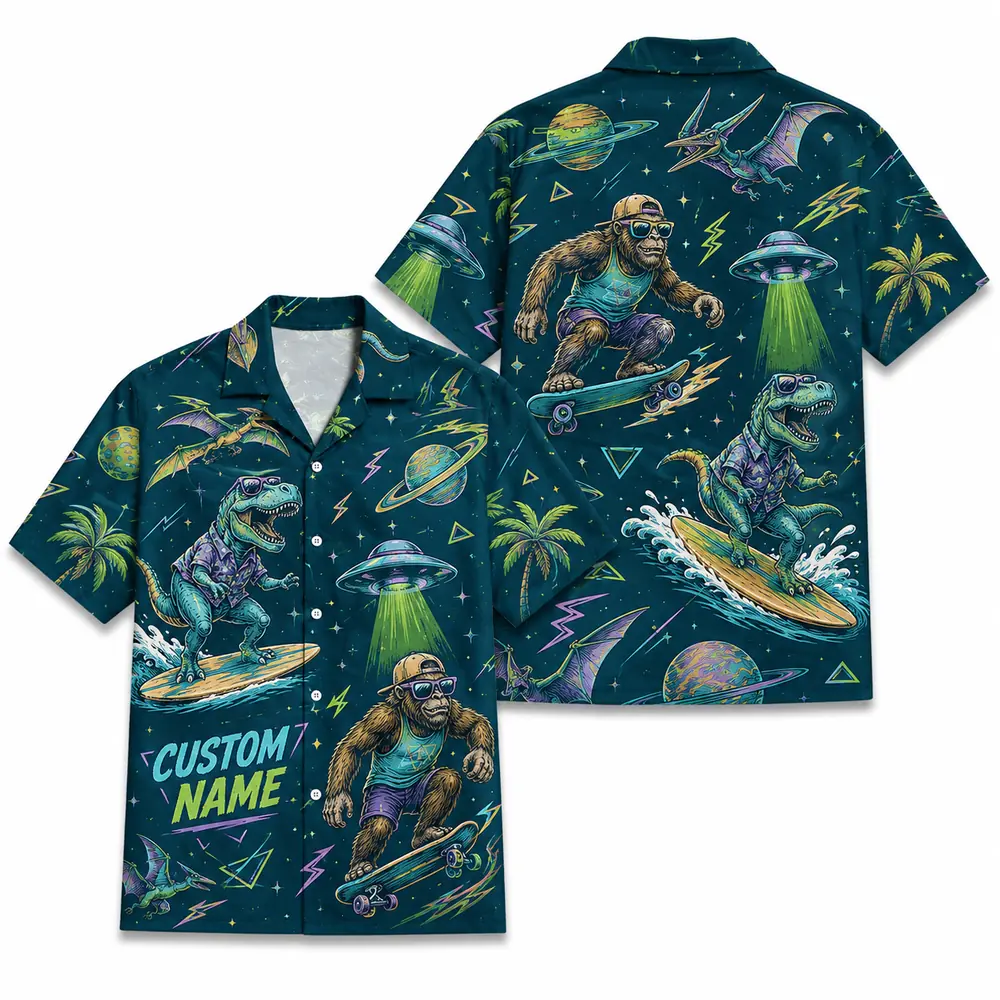 Personalized Bigfoot And Dinosaur Space Hawaiian Shirt For Men And Women, Short Sleeve Funny Sci-Fi Galaxy Mashup, Custom Name Summer Button Down - Style 1