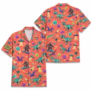 Personalized Bigfoot And Dinosaur Space Hawaiian Shirt For Men And Women, Short Sleeve Funny Sci-Fi Galaxy Mashup, Custom Name Summer Button Down - Style 2