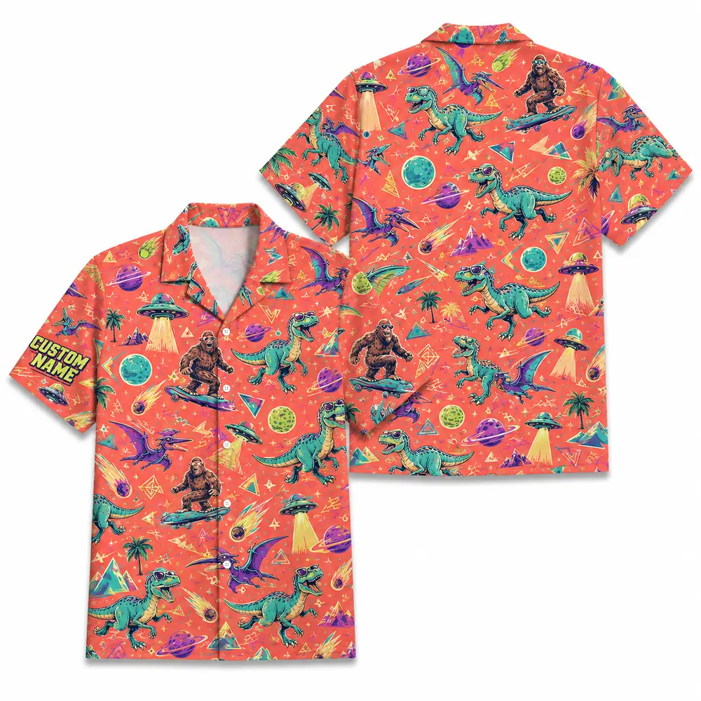 Personalized Bigfoot And Dinosaur Space Hawaiian Shirt For Men And Women, Short Sleeve Funny Sci-Fi Galaxy Mashup, Custom Name Summer Button Down - Style 2