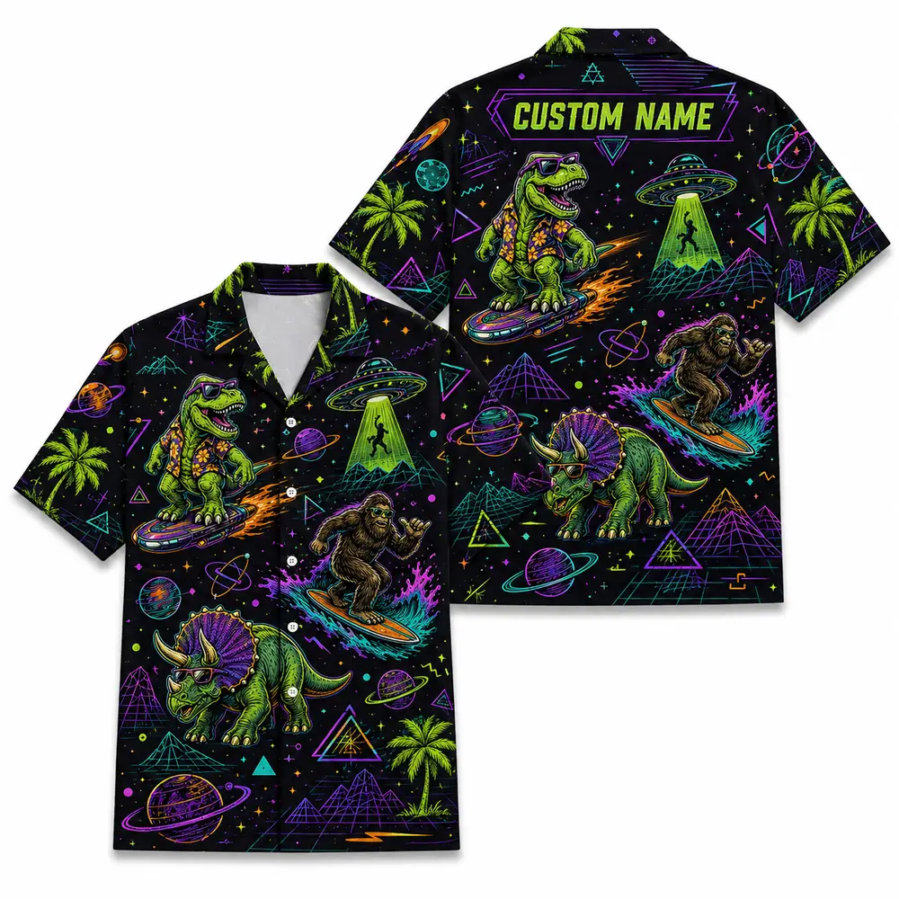Personalized Bigfoot And Dinosaur Space Hawaiian Shirt For Men And Women, Short Sleeve Funny Sci-Fi Galaxy Mashup, Custom Name Summer Button Down - Style 3