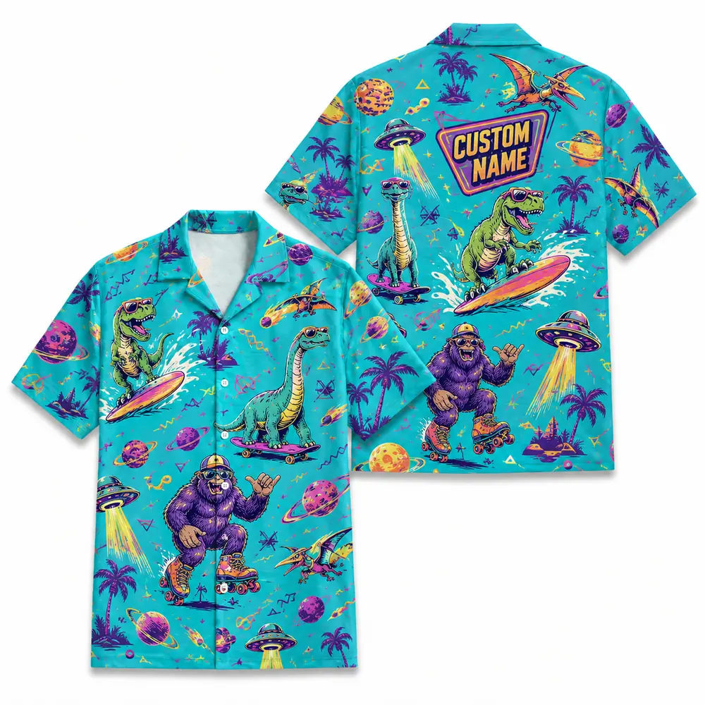 Personalized Bigfoot And Dinosaur Space Hawaiian Shirt For Men And Women, Short Sleeve Funny Sci-Fi Galaxy Mashup, Custom Name Summer Button Down - Style 4