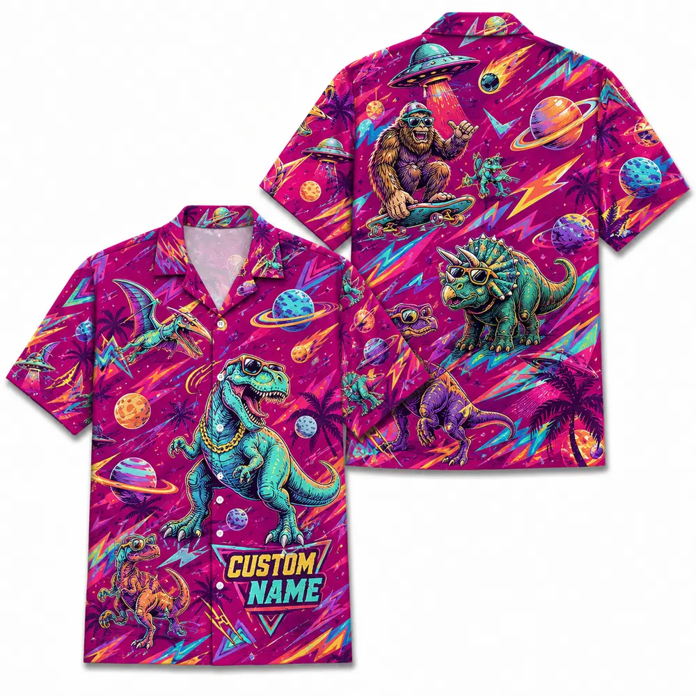 Personalized Bigfoot And Dinosaur Space Hawaiian Shirt For Men And Women, Short Sleeve Funny Sci-Fi Galaxy Mashup, Custom Name Summer Button Down - Style 5