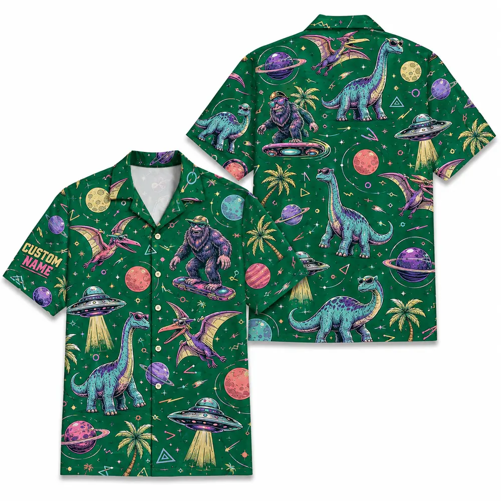 Personalized Bigfoot And Dinosaur Space Hawaiian Shirt For Men And Women, Short Sleeve Funny Sci-Fi Galaxy Mashup, Custom Name Summer Button Down - Style 6