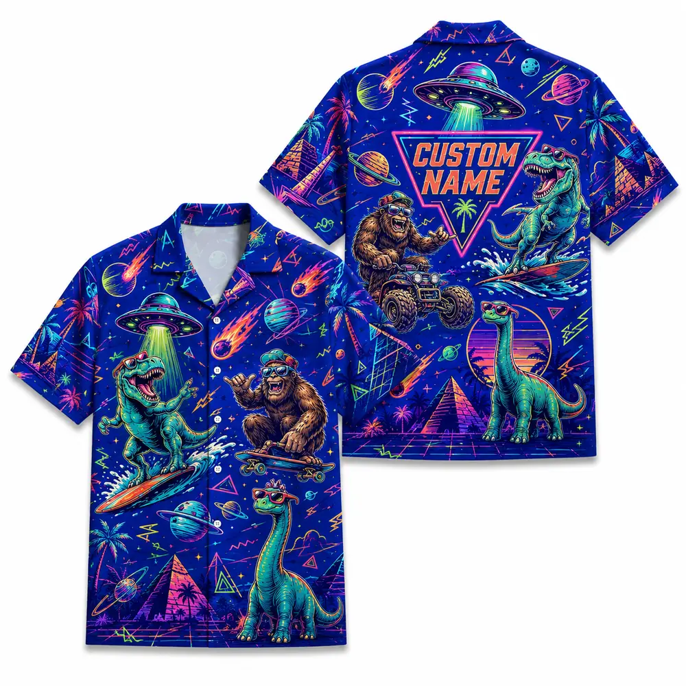 Personalized Bigfoot And Dinosaur Space Hawaiian Shirt For Men And Women, Short Sleeve Funny Sci-Fi Galaxy Mashup, Custom Name Summer Button Down - Style 7