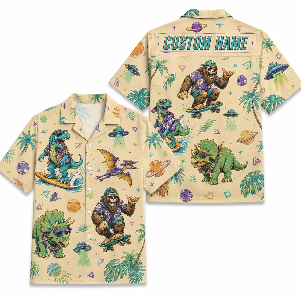 Personalized Bigfoot And Dinosaur Space Hawaiian Shirt For Men And Women, Short Sleeve Funny Sci-Fi Galaxy Mashup, Custom Name Summer Button Down - Style 8