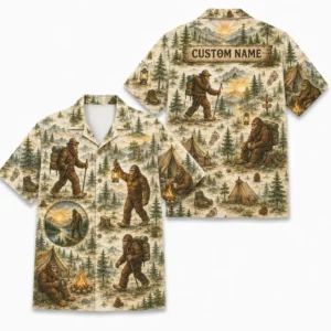 Personalized Bigfoot Camping Hawaiian Shirt For Men And Women, Short Sleeve Funny Sasquatch Forest Adventure, Custom Name Summer Button Down - Style 1