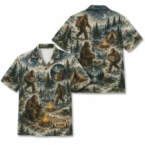 Personalized Bigfoot Camping Hawaiian Shirt For Men And Women, Short Sleeve Funny Sasquatch Forest Adventure, Custom Name Summer Button Down - Style 2