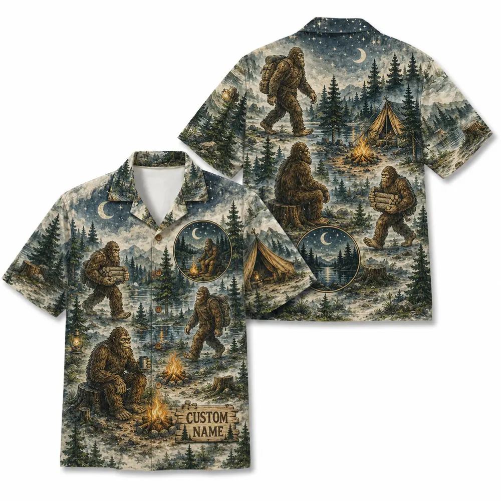 Personalized Bigfoot Camping Hawaiian Shirt For Men And Women, Short Sleeve Funny Sasquatch Forest Adventure, Custom Name Summer Button Down - Style 2